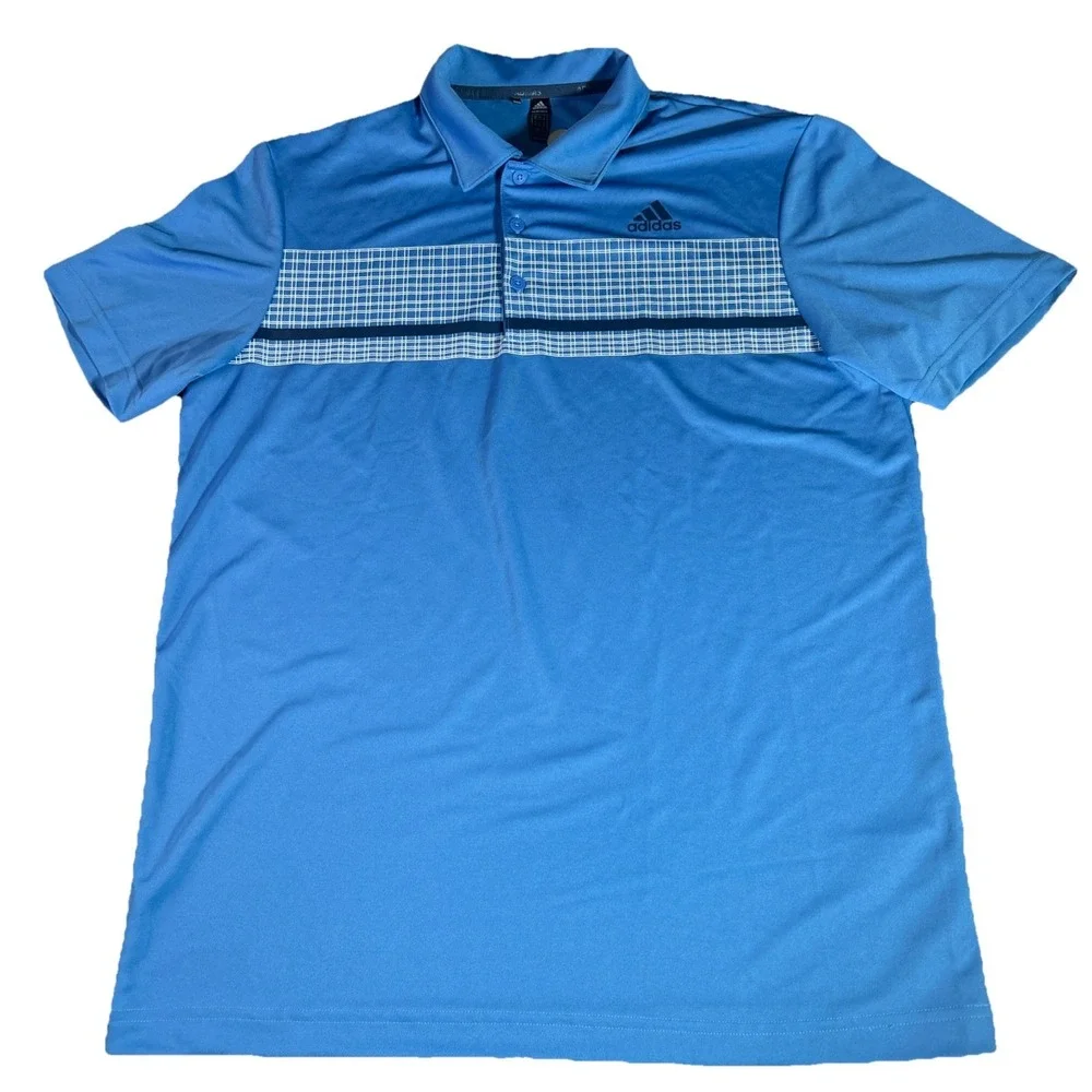 adidas‎ Shirt Men's M Blue Primegreen Chest Check Print Performance Golf Polo